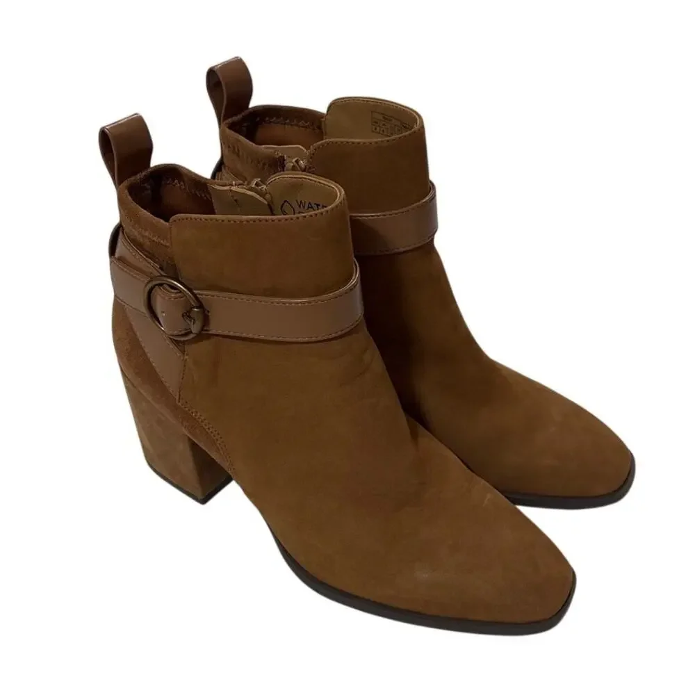 Vionic Womens 8 Tenley Boots Toffee Suede Square Toe Block Heels Party Cocktail